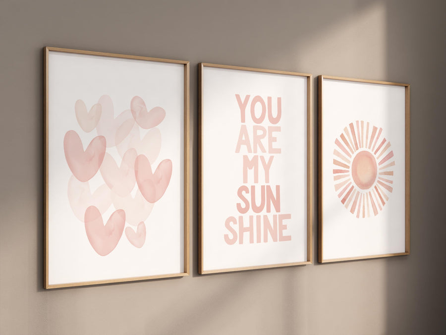 Blush nursery wall art, You Are My Sunshine prints, Heart print, sun print, nursery wall art, boho nursery, blush pink, boho prints