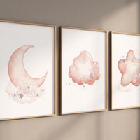 Blush moon and stars nursery art, Moon, cloud, and star prints for baby room, Nursery prints rainbow, blush pink nursery artwork