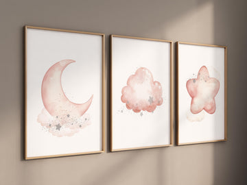 Blush moon and stars nursery art, Moon, cloud, and star prints for baby room, Nursery prints rainbow, blush pink nursery artwork