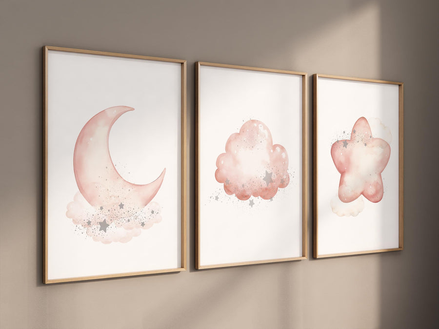 Blush moon and stars nursery art, Moon, cloud, and star prints for baby room, Nursery prints rainbow, blush pink nursery artwork
