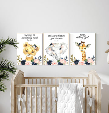 Jungle Animals, Safari Animal Nursery Prints, safari animals, safari nursery, navy and blush, girl nursery, verse nursery, bible verse