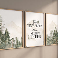 Nursery decor mountain, nursery wall art, tree nursery decor, adventure theme nursery, forest print, beige, mighty seeds grow mighty trees