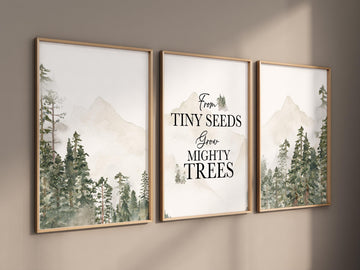 Nursery decor mountain, nursery wall art, tree nursery decor, adventure theme nursery, forest print, beige, mighty seeds grow mighty trees
