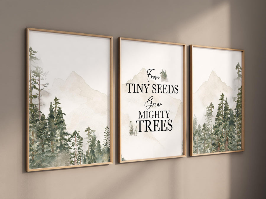 Nursery decor mountain, nursery wall art, tree nursery decor, adventure theme nursery, forest print, beige, mighty seeds grow mighty trees