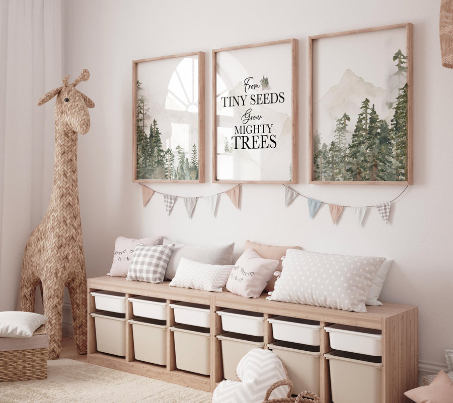 Nursery decor mountain, nursery wall art, tree nursery decor, adventure theme nursery, forest print, beige, mighty seeds grow mighty trees