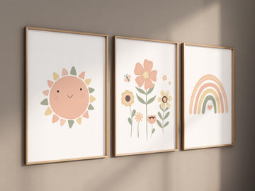 Rainbow nursery, gender neutral, earth colors, flower nursery, rainbow prints, sun print, neutral colors, baby room decor, vintage flower