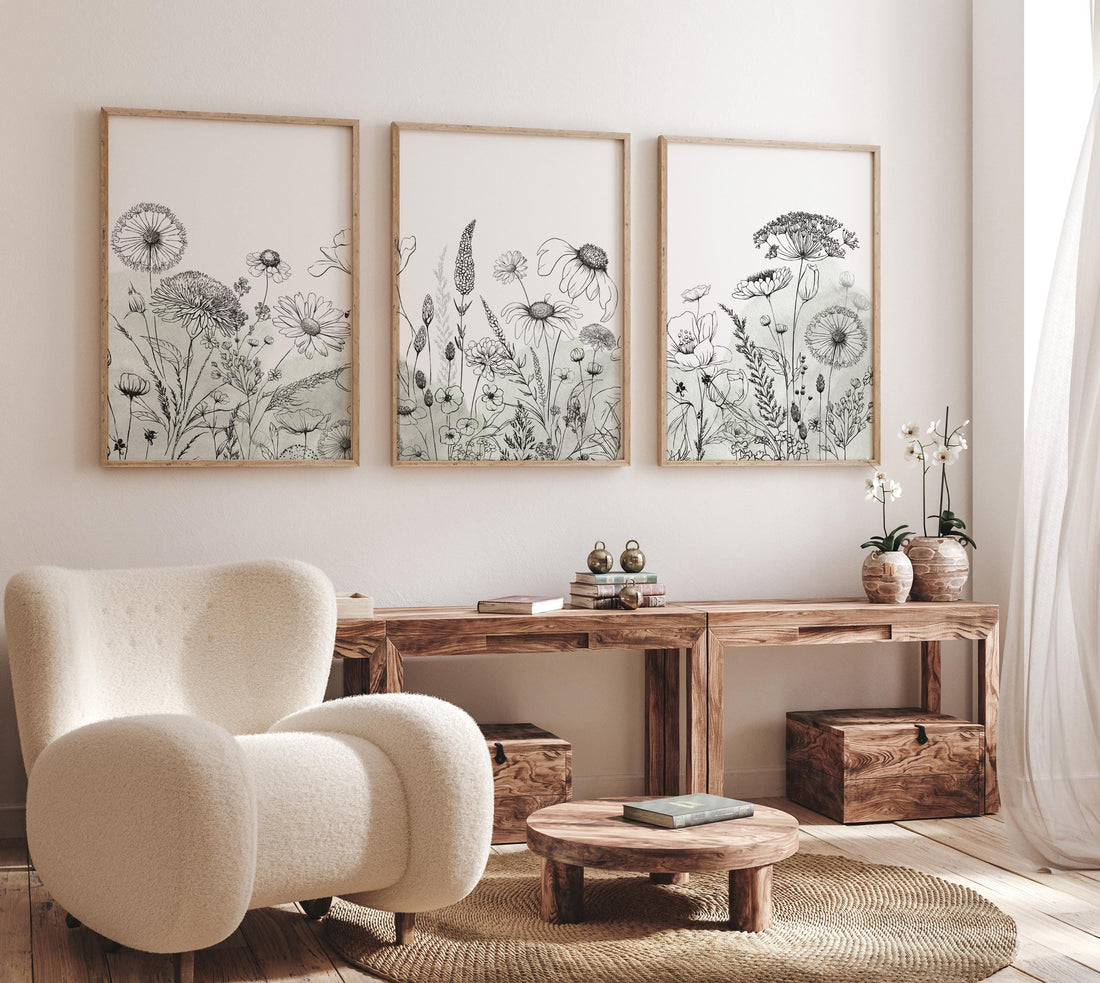 Botanical line art, floral wall decor, sage green prints, wildflower art, Boho Botanical Prints, Wildflower Nursery Decor, floral nursery