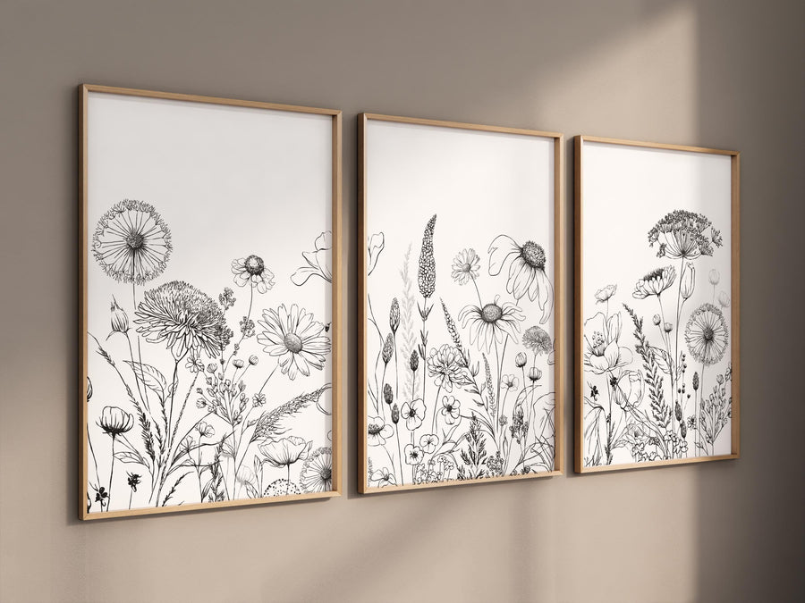 Botanical line art, floral wall decor, wildflower art, Boho Botanical Prints, Wildflower Nursery Decor, floral nursery, black and white