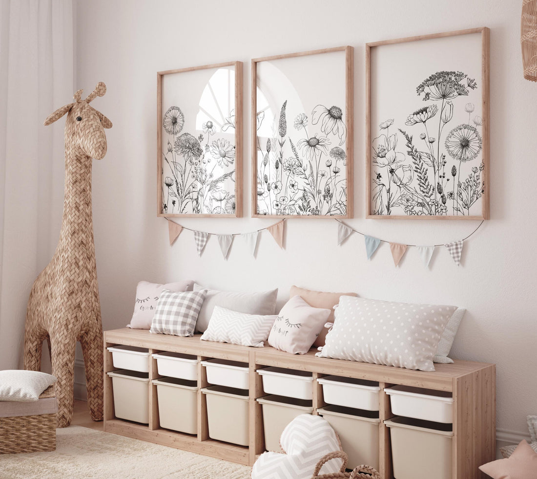 Botanical line art, floral wall decor, wildflower art, Boho Botanical Prints, Wildflower Nursery Decor, floral nursery, black and white