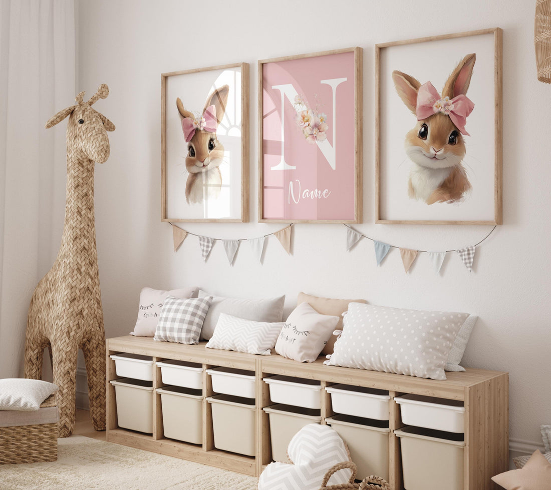 Nursery wall art girl bunnies, bunny nursery print, rabbit nursery, bunny nursery decor, bow nursery, bow print, blush nursery, girl nursery