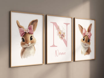 Nursery wall art girl bunnies, bunny nursery print, rabbit nursery, bunny nursery decor, bow nursery, bow print, blush nursery, girl nursery