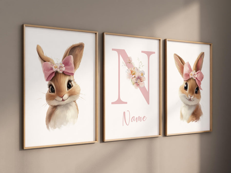 Nursery wall art girl bunnies, bunny nursery print, rabbit nursery, bunny nursery decor, bow nursery, bow print, blush nursery, girl nursery