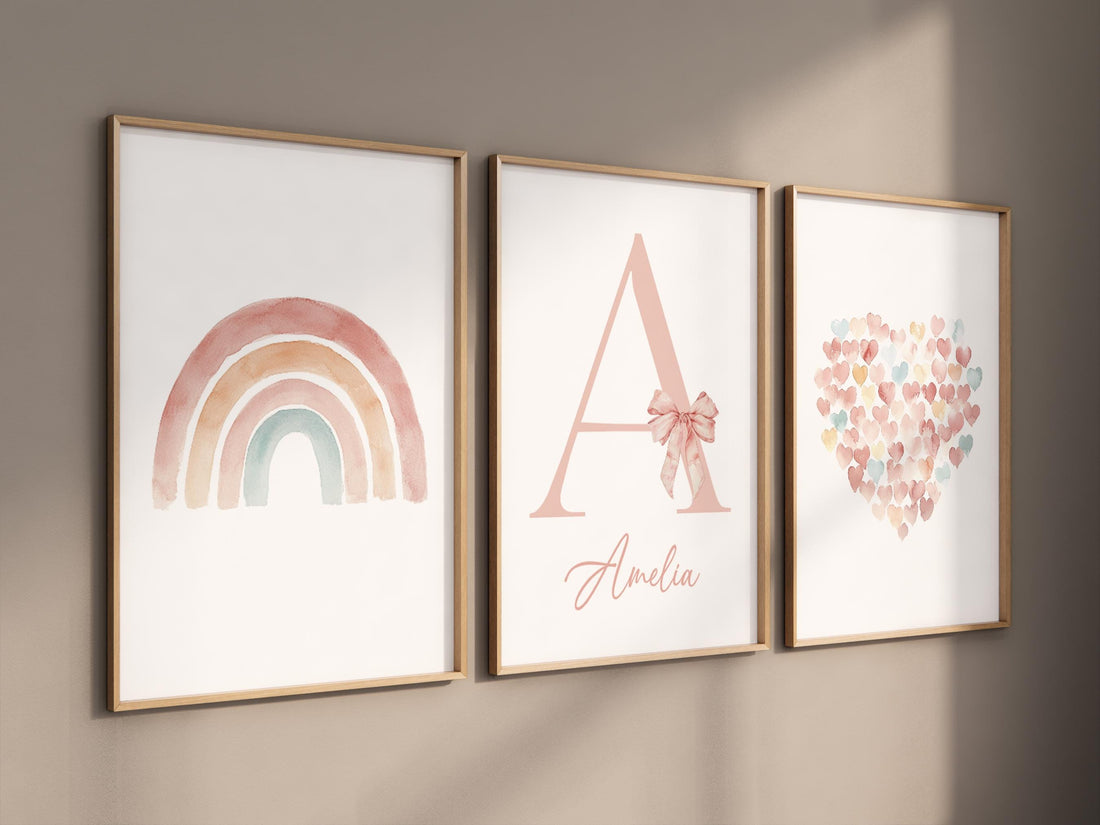 Pastel Rainbow Nursery Wall Art Set – Personalized Name Print – Heart and Bow Girl Room Decor – Blush Boho Baby Girl Wall Prints