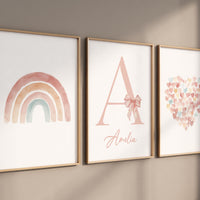 Pastel Rainbow Nursery Wall Art Set – Personalized Name Print – Heart and Bow Girl Room Decor – Blush Boho Baby Girl Wall Prints