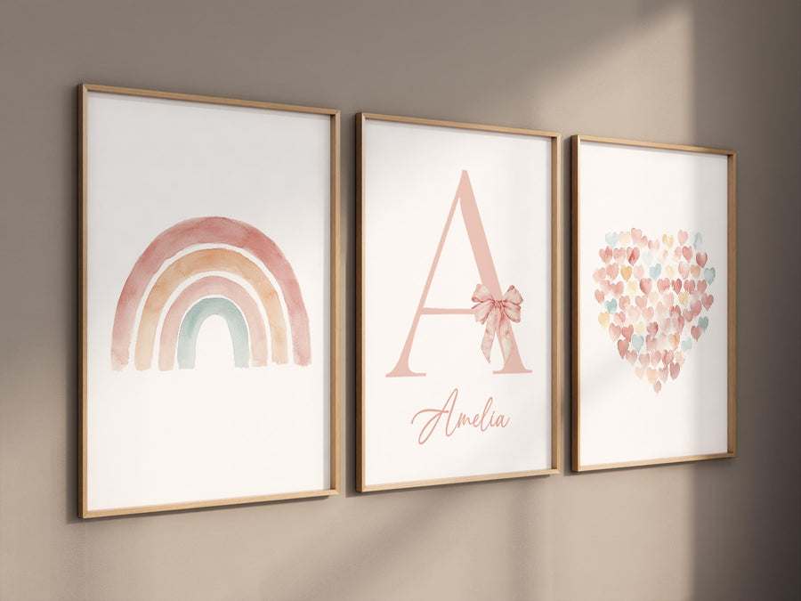 Pastel Rainbow Nursery Wall Art Set – Personalized Name Print – Heart and Bow Girl Room Decor – Blush Boho Baby Girl Wall Prints