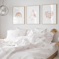 Pastel Rainbow Nursery Wall Art Set – Personalized Name Print – Heart and Bow Girl Room Decor – Blush Boho Baby Girl Wall Prints