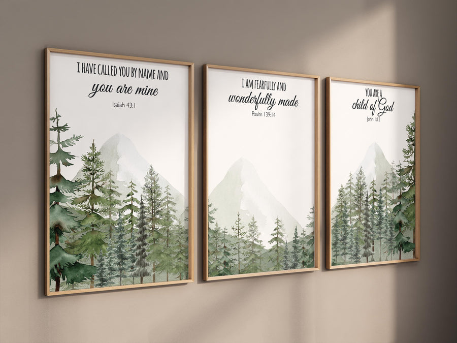 Nursery decor mountain, nursery wall art, tree nursery decor, adventure theme nursery, forest, sage green, bible nursery, verse nursery