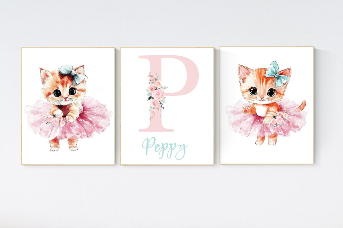 Ballerina kittens, cat ballerina, baby room decor girl, kitten nursery, cat nursery, nursery prints girl, ballet prints, kitten print