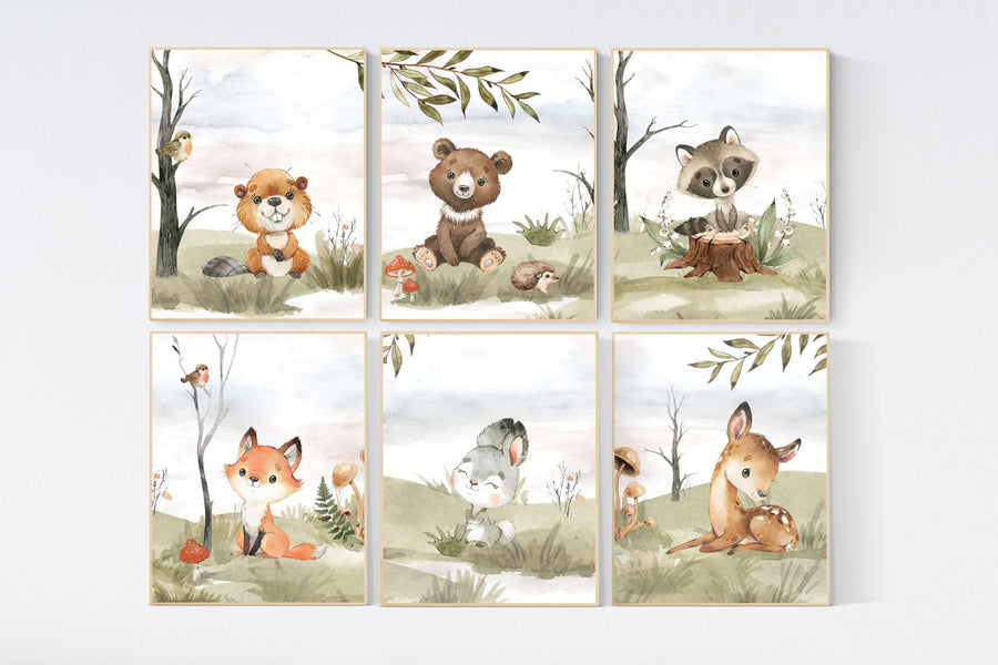 Woodland nursery decor, animals prints, woodland themed nursery, nursery wall art, nursery prints gender neutral, woodland animal prints