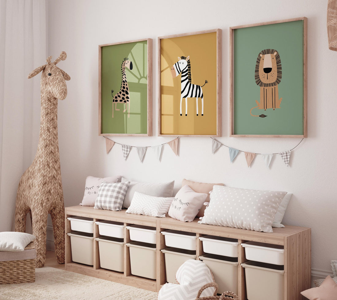 Safari Animal Nursery Prints: Boho Jungle Art, Set of 3