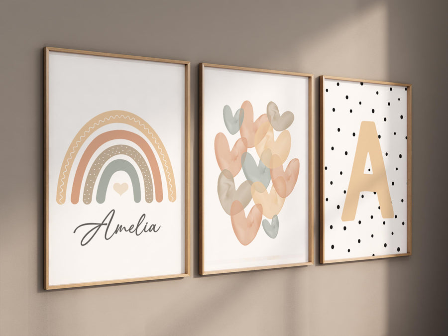 Custom rainbow nursery prints, Boho personalized wall art for kids, Earth-tone nursery decor, heart print, monogram set, Neutral rainbow