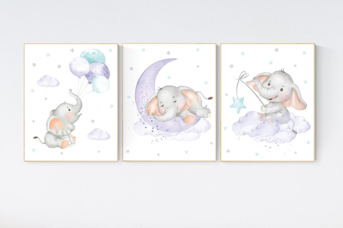 Nursery decor girl, purple teal, elephant nursery decor, lilac nursery print, lavender, baby room decor, nursery wall art, elephant print