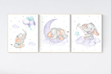 Nursery decor girl, purple teal, elephant nursery decor, lilac nursery print, lavender, baby room decor, nursery wall art, elephant print