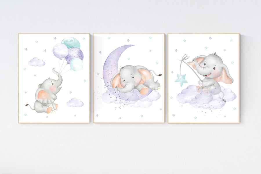 Nursery decor girl, purple teal, elephant nursery decor, lilac nursery print, lavender, baby room decor, nursery wall art, elephant print