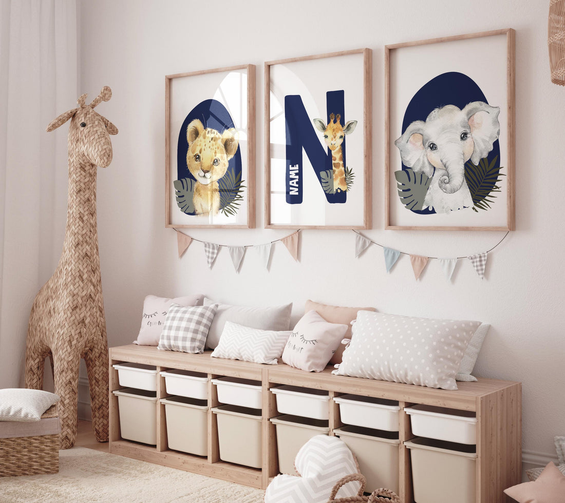 Safari Nursery Wall Prints, Boho Nursery Prints, jungle animals, navy blue Nursery Art, animal Nursery Decor, animal prints