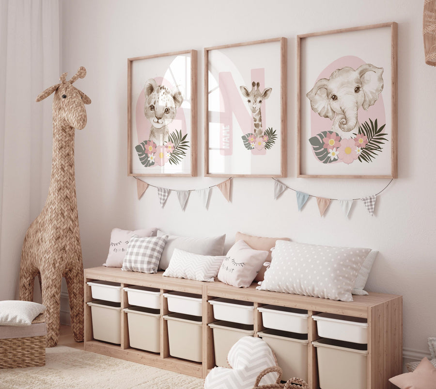 Safari Animals, girl nursery, Animals Prints, Woodland Nursery Decor, Safari Nursery Wall Art, floral animal prints, Pink Safari Animals