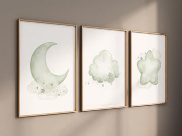 Sage green nursery decor, gender neutral nursery, sage green, moon and stars, set of 3, nursery prints, green nursery, star nursery