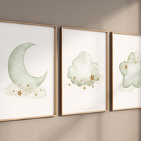 Sage green gold nursery decor, gender neutral nursery, sage green, moon and stars, set of 3, nursery prints, green gold nursery