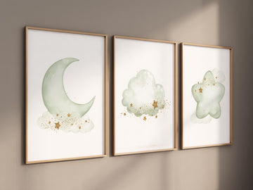 Sage green gold nursery decor, gender neutral nursery, sage green, moon and stars, set of 3, nursery prints, green gold nursery