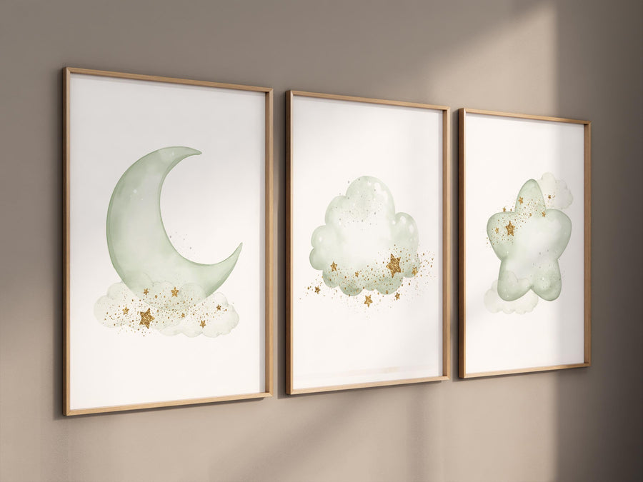 Sage green gold nursery decor, gender neutral nursery, sage green, moon and stars, set of 3, nursery prints, green gold nursery