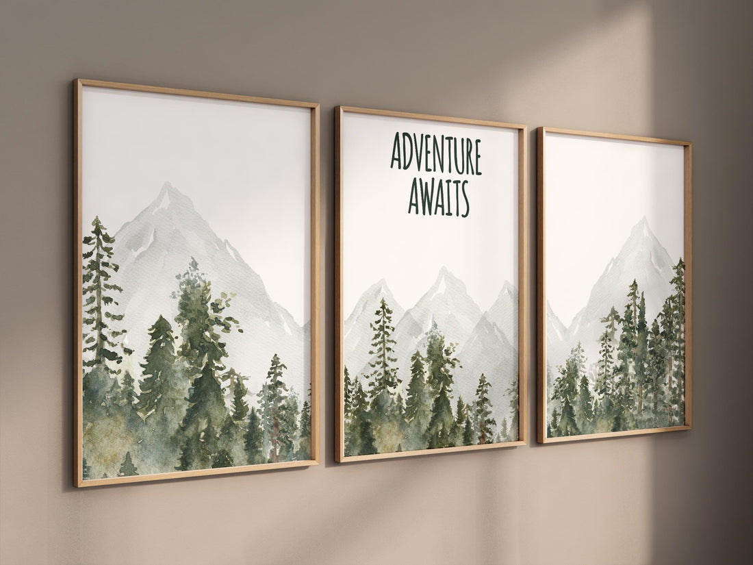 Adventure Awaits wall art, Mountain adventure art set, Nursery decor woodland, mountain wall art, tree nursery decor, forest nursery