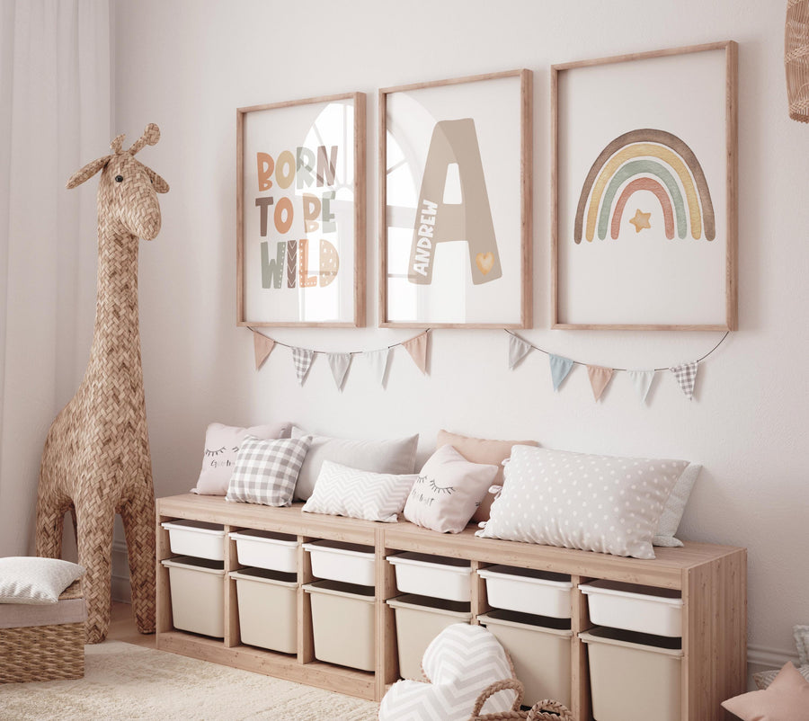 Born to be wild print, Boho nursery wall art, Custom name nursery art, baby nursery prints, Rainbow print, Neutral baby room prints