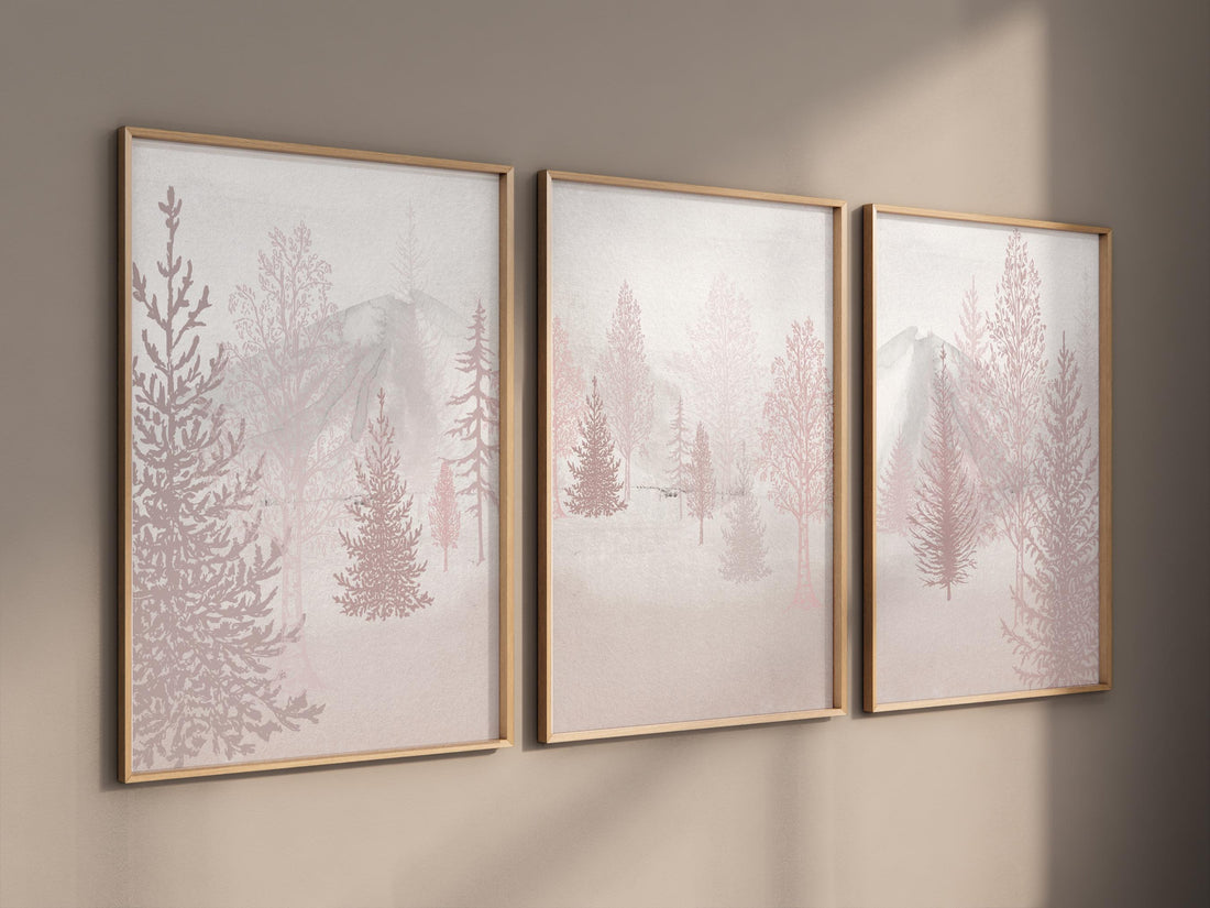 Nursery decor woodland, mountain wall art, pink nursery decor, adventure theme nursery, forest, pink and gray, woodland animals
