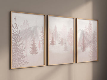 Nursery decor woodland, mountain wall art, pink nursery decor, adventure theme nursery, forest, pink and gray, woodland animals