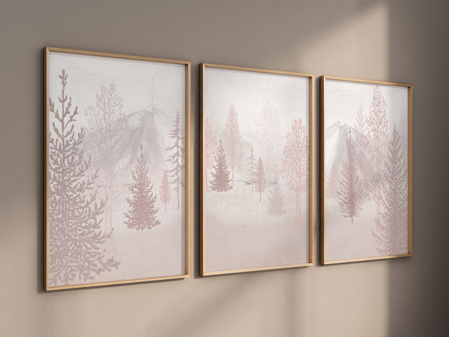 Nursery decor woodland, mountain wall art, pink nursery decor, adventure theme nursery, forest, pink and gray, woodland animals
