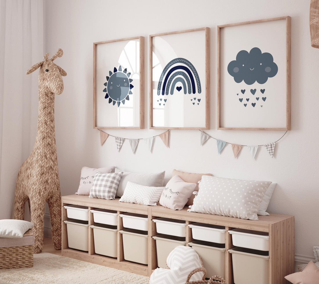 Navy nursery decor, boy nursery wall decor, rainbow nursery, cloud and stars, moon and stars, navy blue nursery, nursery prints boy