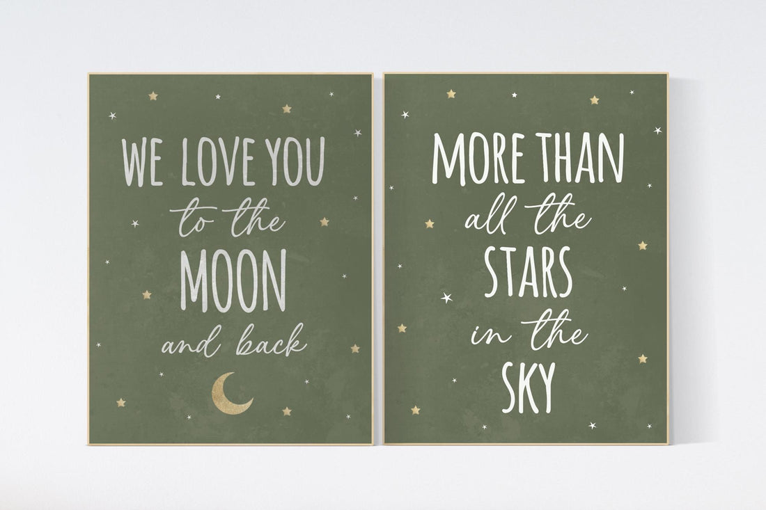 Nursery decor sage gold, we love you to the moon and back, Nursery wall art,  green nursery decor, moon and stars, nursery prints