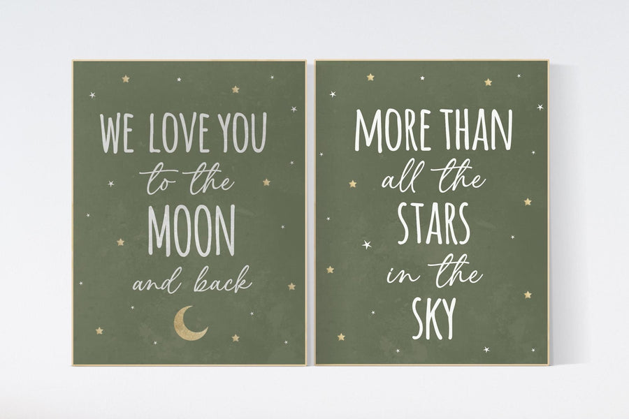 Nursery decor sage gold, we love you to the moon and back, Nursery wall art,  green nursery decor, moon and stars, nursery prints