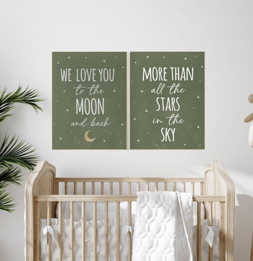 Nursery decor sage gold, we love you to the moon and back, Nursery wall art,  green nursery decor, moon and stars, nursery prints