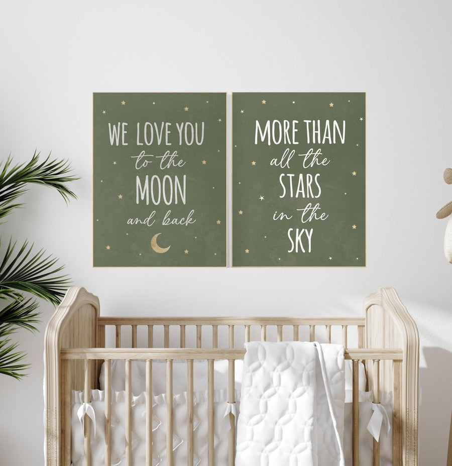 Nursery decor sage gold, we love you to the moon and back, Nursery wall art,  green nursery decor, moon and stars, nursery prints