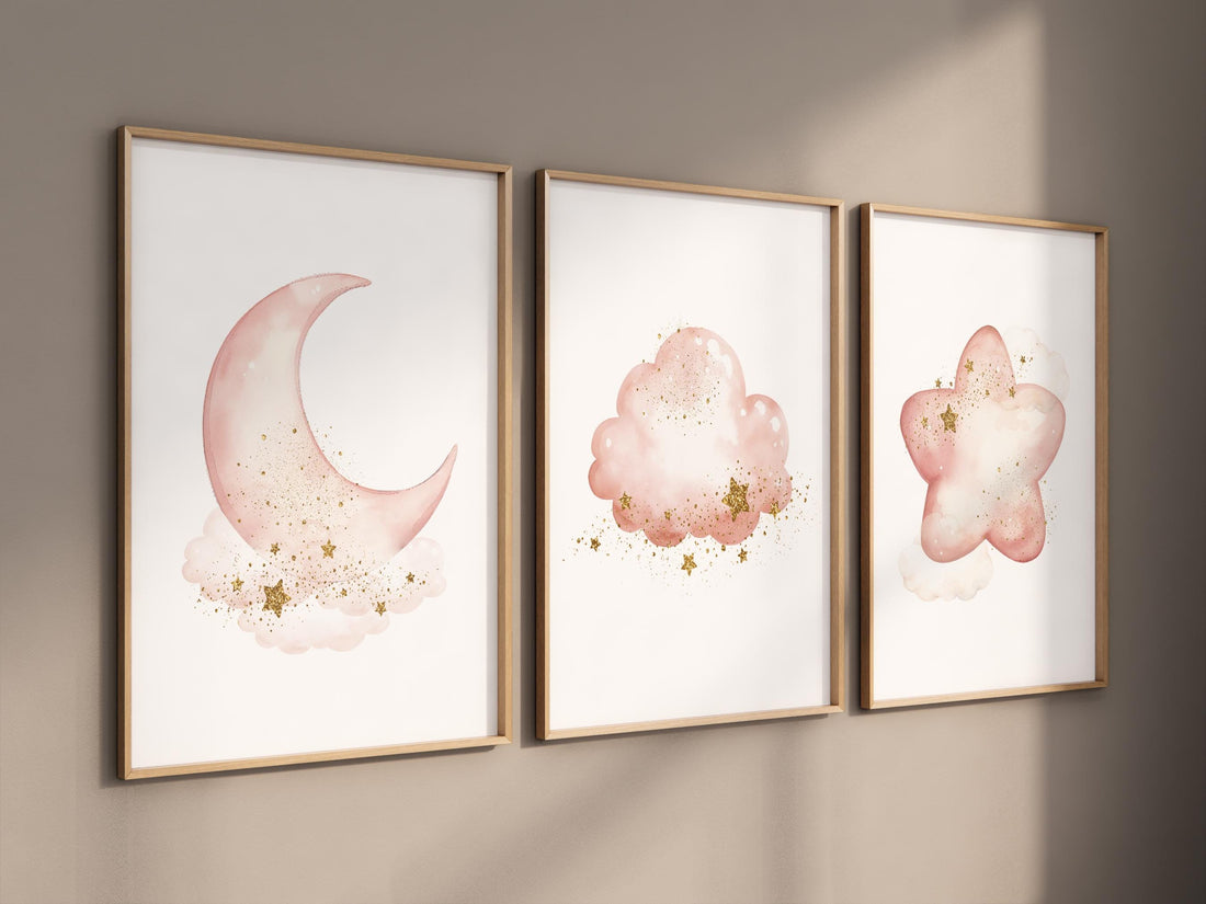 Blush moon and stars nursery art, Moon, cloud, and star prints for baby room, Nursery prints rainbow, pink and gold nursery artwork
