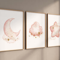 Blush moon and stars nursery art, Moon, cloud, and star prints for baby room, Nursery prints rainbow, pink and gold nursery artwork