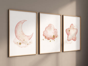 Blush moon and stars nursery art, Moon, cloud, and star prints for baby room, Nursery prints rainbow, pink and gold nursery artwork