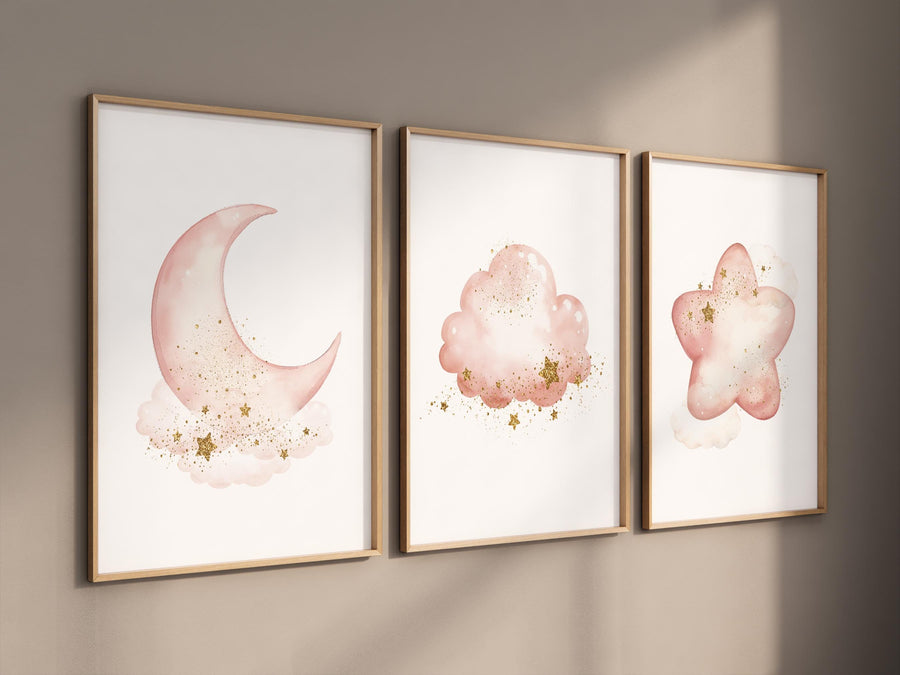 Blush moon and stars nursery art, Moon, cloud, and star prints for baby room, Nursery prints rainbow, pink and gold nursery artwork