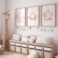 Blush moon and stars nursery art, Moon, cloud, and star prints for baby room, Nursery prints rainbow, blush pink nursery artwork