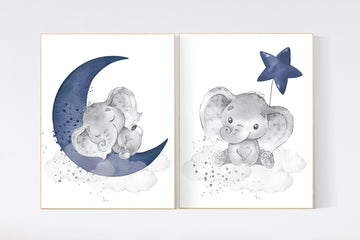Nursery decor elephant, navy nursery decor, moon and stars, navy blue nursery art, baby room, elephant nursery, elephant prints